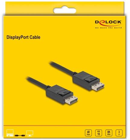 Embalaža DisplayPort kabla znamke Delock. Kabel podpira ločljivost 8K in je dolg 3 metre. Rumeno ozadje.