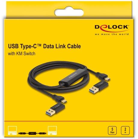 Embalaža 'USB Type-C podatkovnega povezovalnega kabla' z KM stikalom, podpira prenos podatkov med dvema napravama, blagovna znamka Delock.
