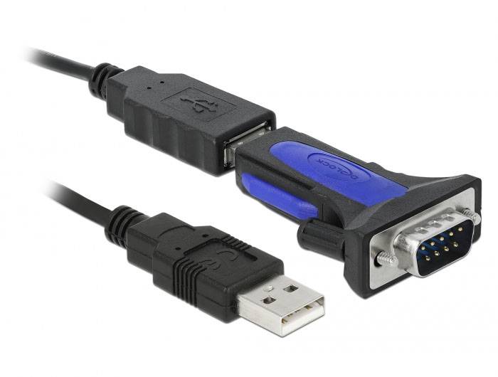 USB-Serial pretvorni kabel, prikazuje USB-A in RS-232 priključke. Uporablja se za priklop serijskih naprav na osebne računalnike.