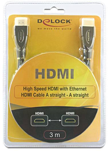 Embalaža 3-metrskega High Speed HDMI kabla. Prikazuje HDMI vtič in napis 'High Speed HDMI with Ethernet'.