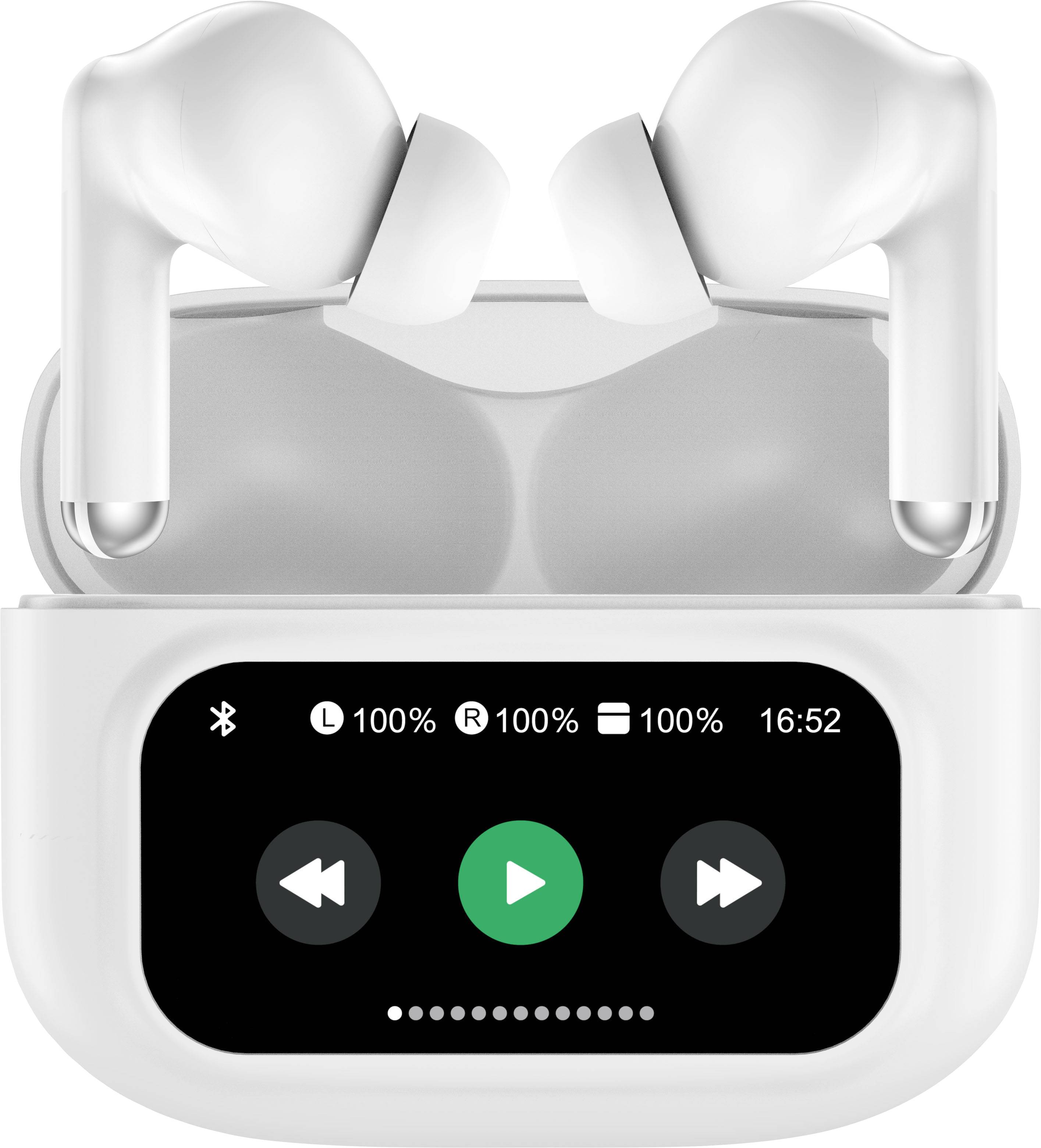 Brezžične bele ušesne slušalke v polnilnem ovoju z zaslonom, ki prikazuje stanje baterije, informacije o Bluetoothu in predvajanju.