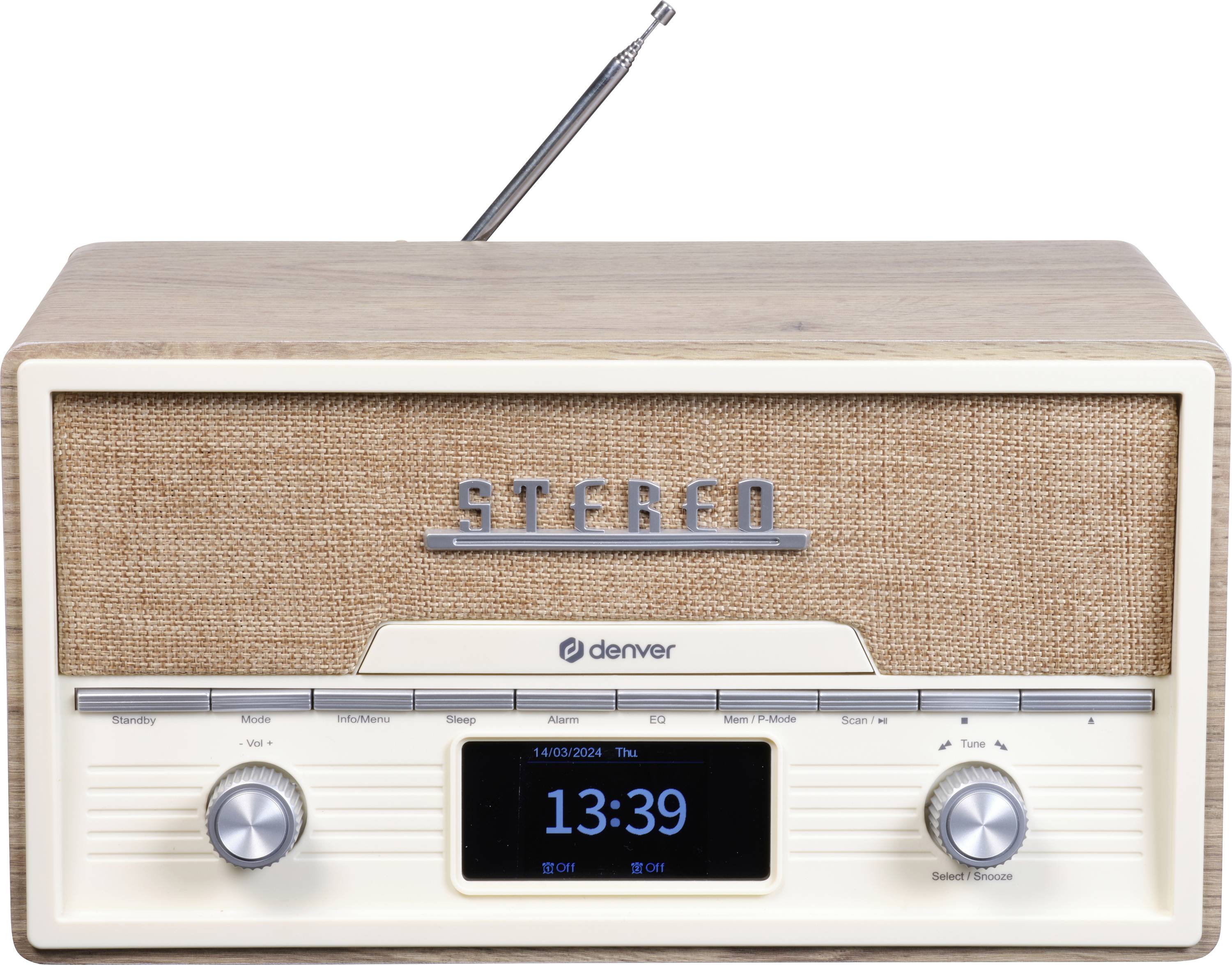 Retro radio v leseni škatli, prevlečen s tekstilom. Dva vrtljiva gumba in majhen digitalni zaslon, ki prikazuje '13:39'.