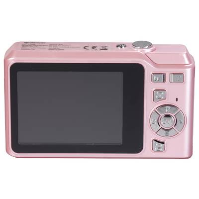 Roza digitalni fotoaparat - pogled od zadaj z zaslonom in upravljalnimi elementi, kot so tipke za zoom in funkcijsko stikalo.