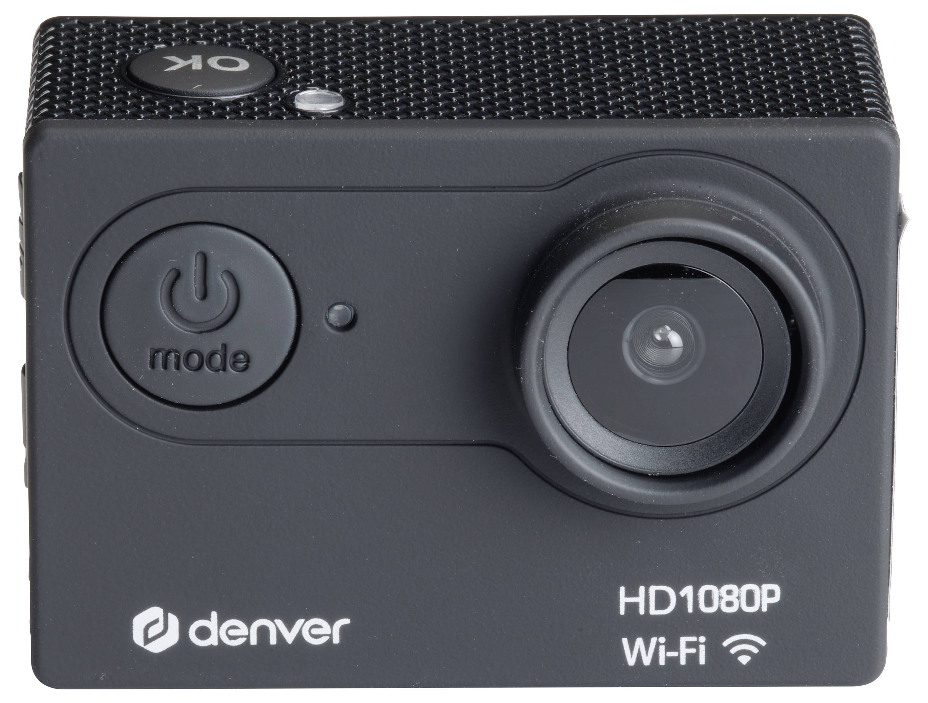 Črna HD1080P akcijska kamera z gumbom 'Mode', Wi-Fi in blagovno znamko spodaj.