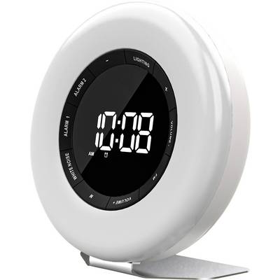 Digitalna budilka z zaslonom, ki kaže 10:08. Opremljena s funkcijami za alarm, osvetlitev in beli šum. Okrogle oblike na podstavku.