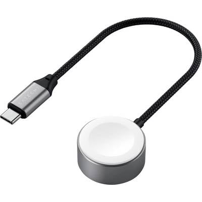 Okrogla srebrna polnilna postaja z pletenim kablom in priključkom USB-C. Primerna za polnjenje naprav z brezžično polnilno funkcijo.