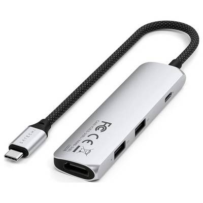 Kovinski USB-C hub s tremi USB priključki in enim HDMI priključkom. Naprava ima kabel z USB-C vtikačem.