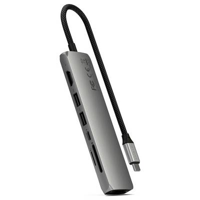 USB-C hub z več priključki, vključno z USB, HDMI in režami za SD kartice, za priklop različnih naprav.