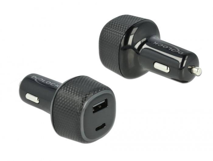 Dva črna USB avtomobilska polnilnika z dvojnimi in USB-C priključki, prikazana vodoravno in navpično.
