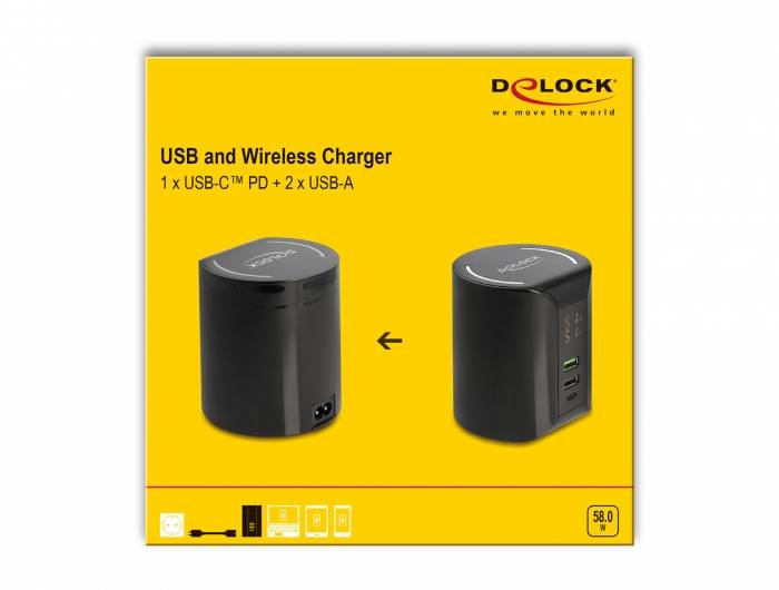 Delock 41441 USB napajalnik 58 W USB-C®, USB-A Qi Wireless Charging črna vtičnica brezžični polnilnik, hitri polnilnik-8