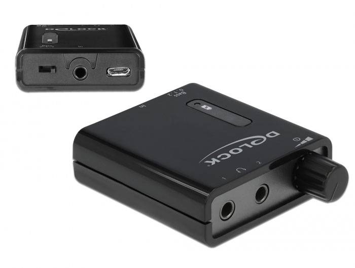 Ojačevalnik 'Delock', črn, z 3,5 mm priključkoma za slušalke in mikrofon, regulatorjem glasnosti in USB priključkom.