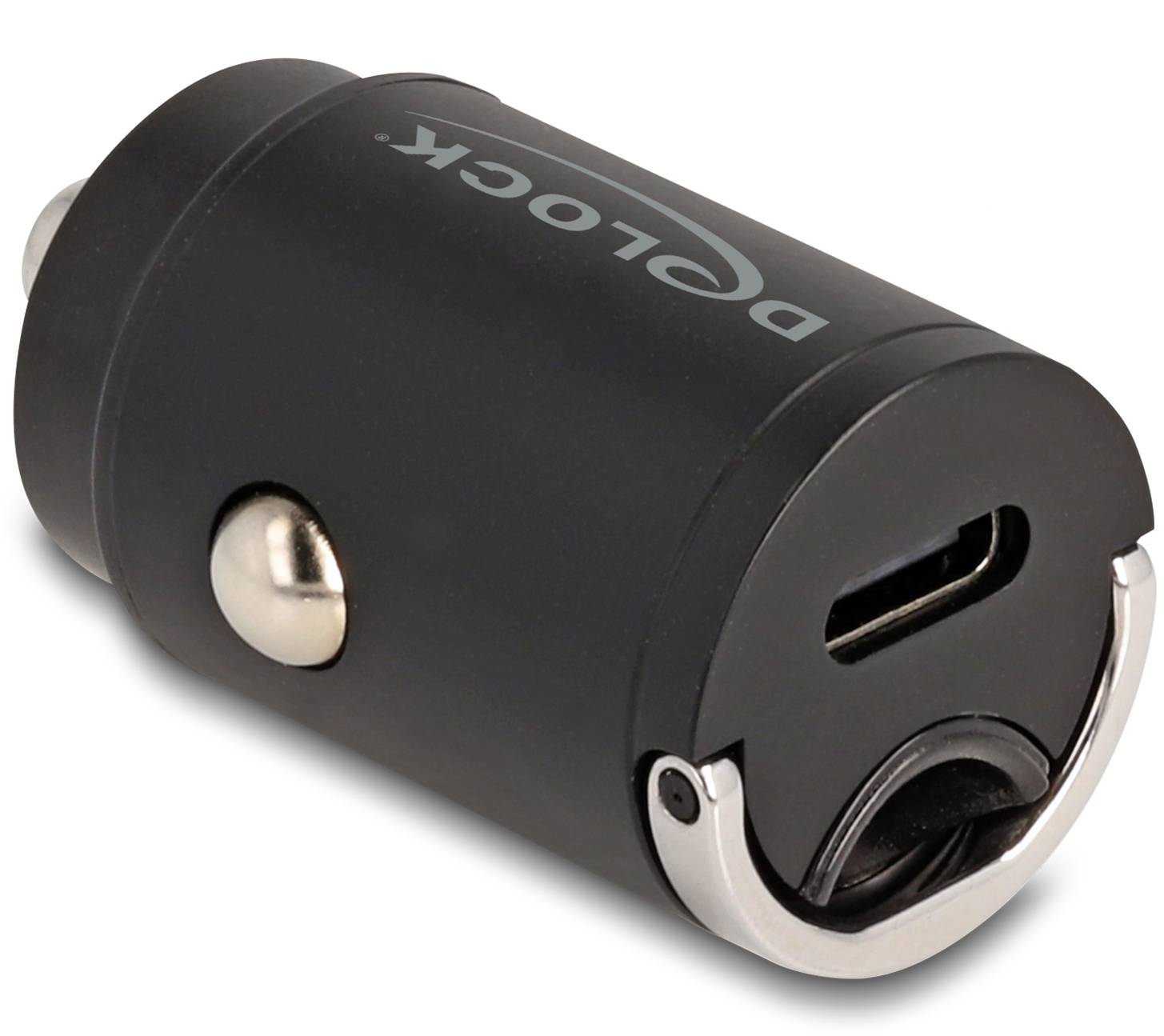 Črni USB avtomobilski adapter DeLock s kovinskimi poudarki, kompakten in okrogel, za polnjenje mobilnih naprav v avtomobilu.