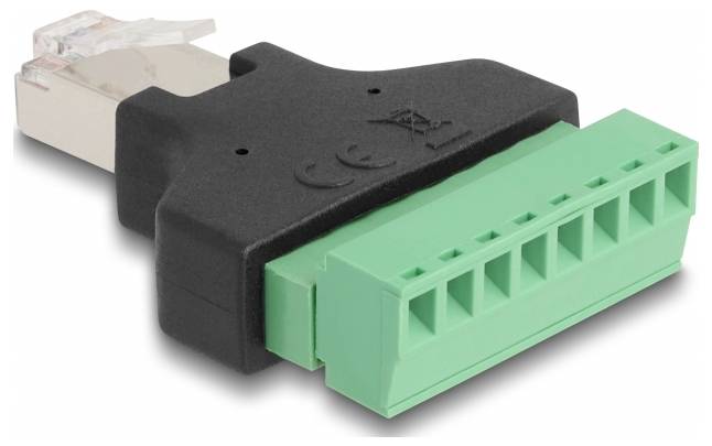 Črn in zelen terminalski adapter za ethernet kabel, ki omogoča signalne povezave.