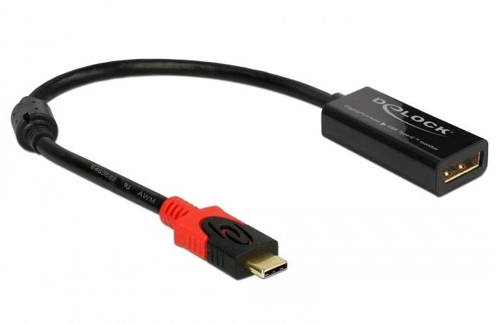 Črn adapter kabel z rdečim koncem, ki pretvarja Mini DisplayPort v HDMI priključek. Znamka: DELOCK.