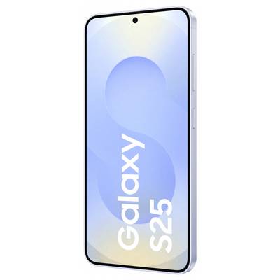 Pametni telefon z modrim prehodom barv na zaslonu; zaslon prikazuje besedilo 'Galaxy S25'.