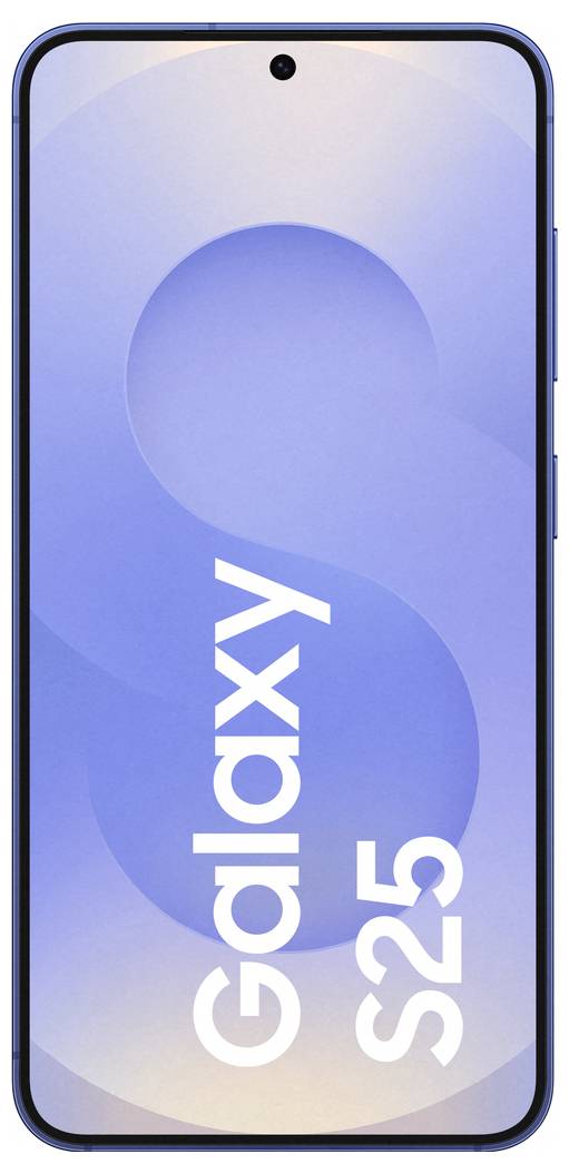 Pametni telefon z zaslonom, ki je osvetljen modro. Na zaslonu piše 'Galaxy S25'.