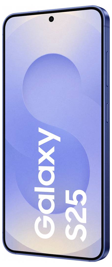 Sodoben model pametnega telefona z napisom 'Galaxy S25' na zaslonu. Dizajn je tanek z modrim okvirjem.