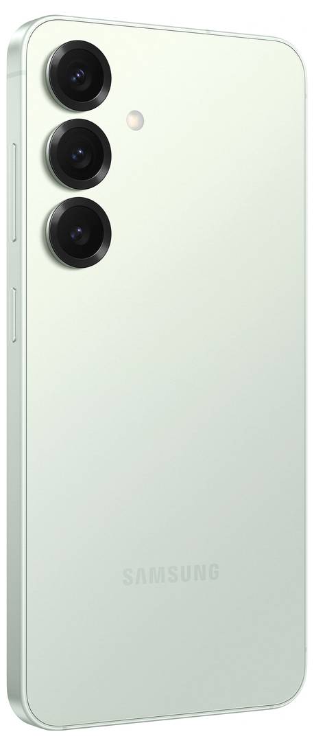 Zeleni pametni telefon s tremi vertikalno poravnanimi kamerami in bliskavico na zadnji strani. Besedilo se glasi 'Samsung'.