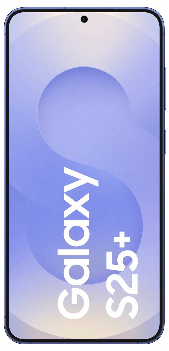 Pametni telefon z modrim zaslonom in napisom 'Galaxy S25+'.