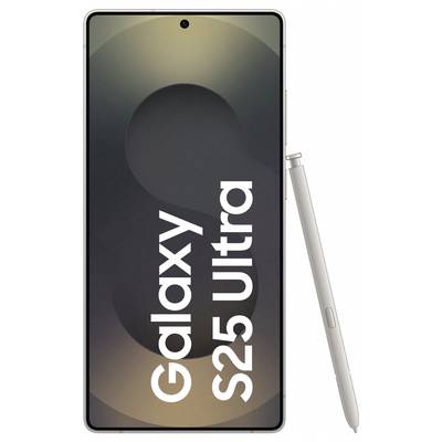 Pametni telefon Galaxy S25 Ultra v srebrni barvi s svinčnikom ob strani. Na zaslonu piše 'Galaxy S25 Ultra'.