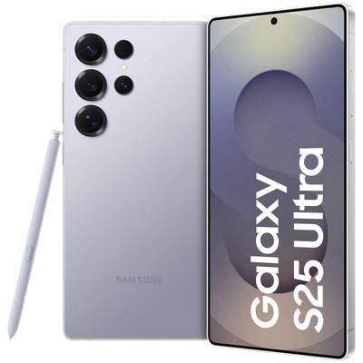 Pametni telefon Samsung Galaxy S25 Ultra v srebrni barvi. Prikazuje sprednjo in zadnjo stran ter pero. Trojni kamerski sistem na zadnji strani.