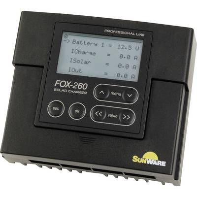 Črna digitalna polnilna naprava z zaslonom prikazuje 'Baterija 1 = 12,5 V', poleg tega še druge vrednosti: 'IPolnjenje = 0,0 A', 'ISončno = 0,0 A', 'IIzhod = 0,0 A'. Označena z 'SUNWARE'.
