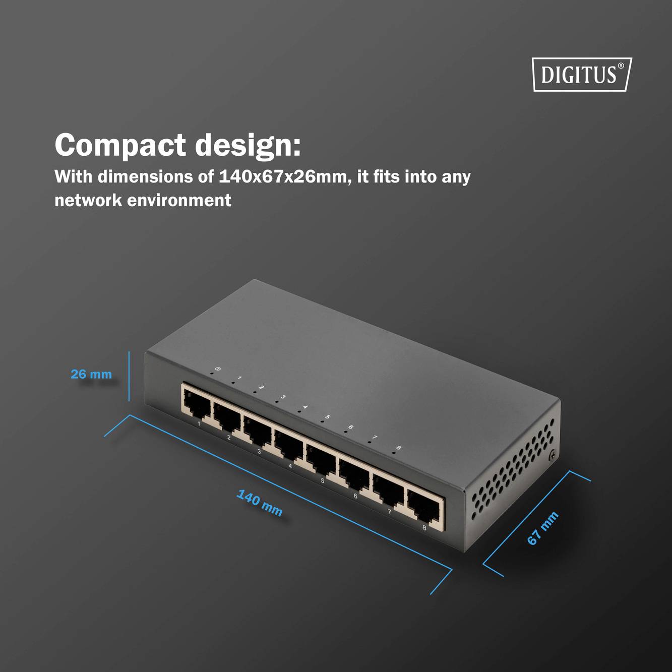 Kompakten omrežni stikalni element z dimenzijami 140x67x26 mm, primeren za različna omrežna okolja. Šest Ethernet priključkov je vidnih.