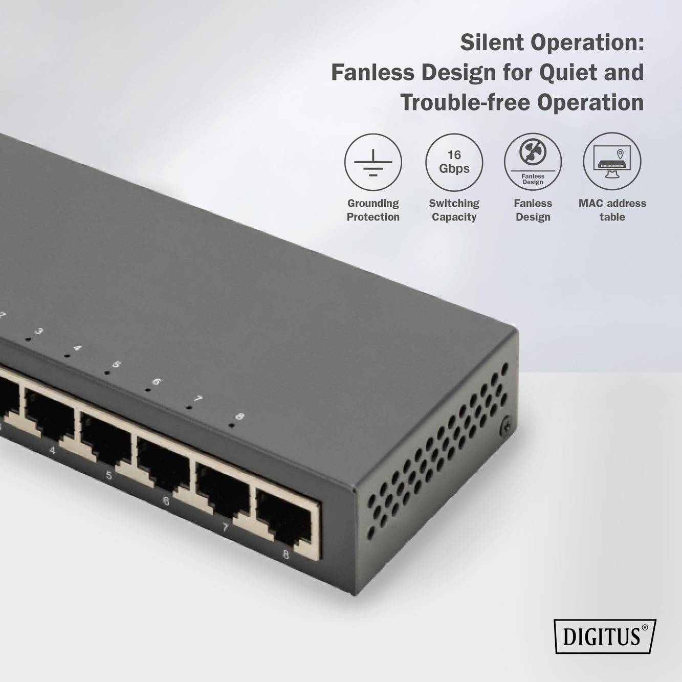 Črn omrežni switch z osmimi Ethernet-vrati. Desno zgoraj so prednosti: tih, 16 Gbps, brez ventilatorja, ozemljen.