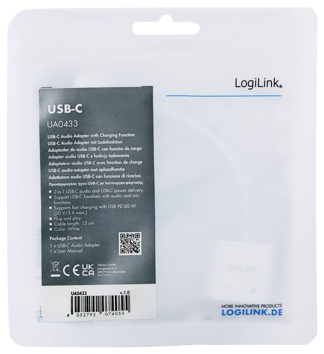 Embalaža LogiLink-a za USB-C adapter z možnostjo polnjenja, ki vključuje audio adapter, etiketa vsebuje QR-kodo.