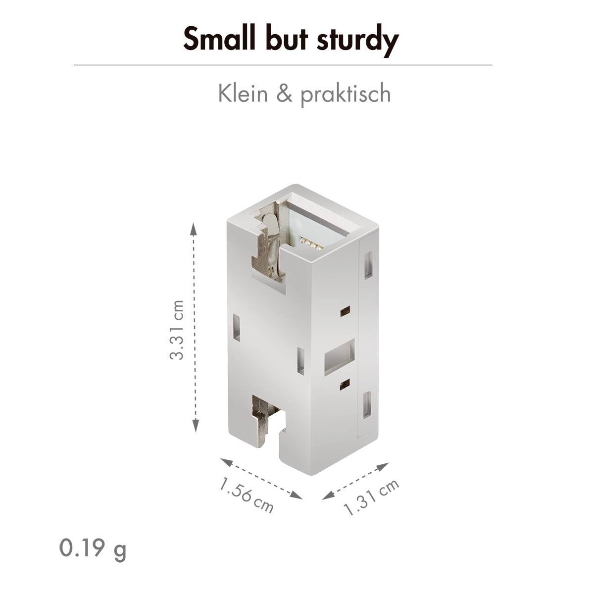 'RJ45 spoj', kompakten z merami: 3,31 cm x 1,56 cm x 1,31 cm, teža: 0,19 g. Besedilo: 'Majhen, ampak vzdržljiv', 'Majhen & praktičen'.