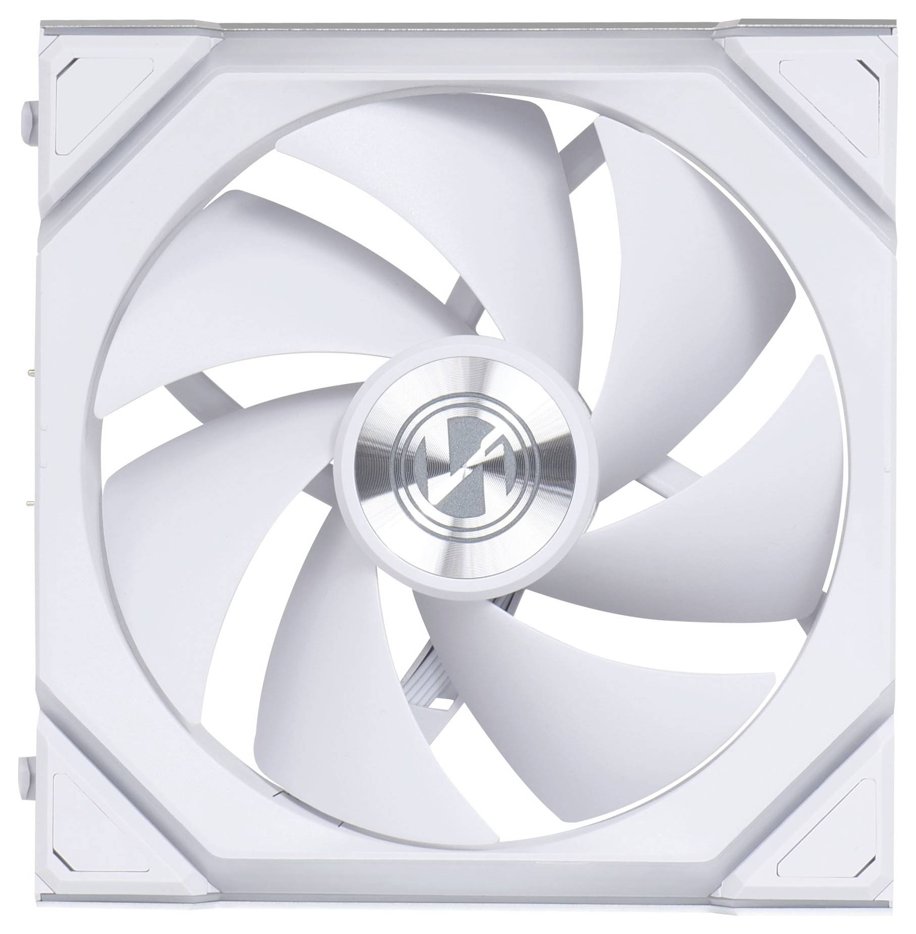 Bel računalniški ventilator z osrednjo logotipom, obkrožen s prozornimi lopaticami v kvadratnem okvirju.