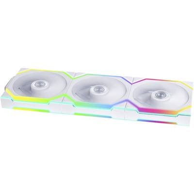 Trije beli računalniški ventilatorji v vrsti z RGB osvetljenim robom, ki svetijo v več barvah. Gaming strojna oprema, moderna in stilska.