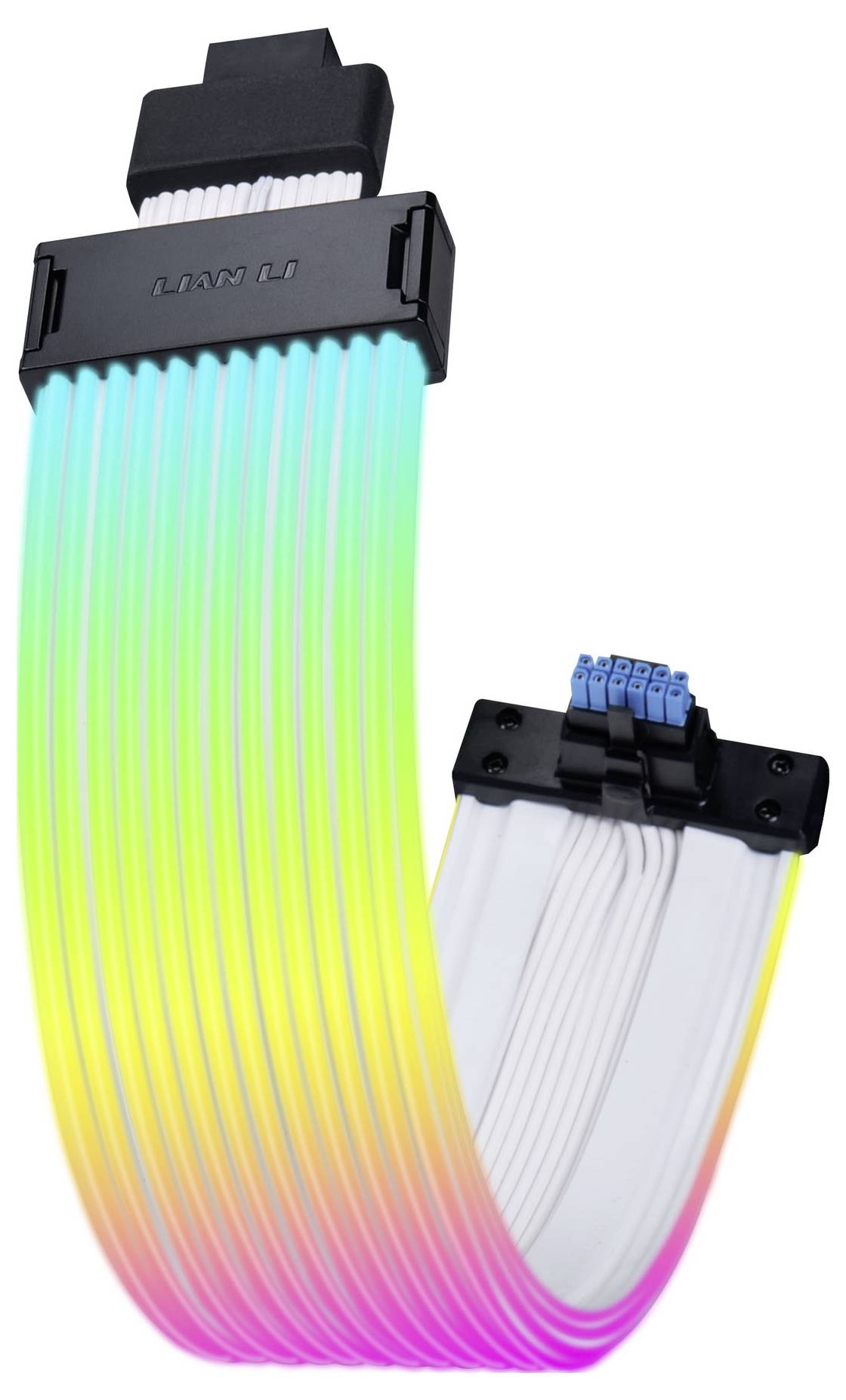 RGB podaljšek napajalnega kabla za osebni računalnik, ki prikazuje svetleče mavričaste barve, primeren za ohišja računalnikov s prozornim pokrovom.