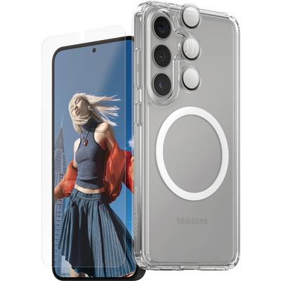 Prosojni ovitek za telefon in zaščita zaslona za Samsung telefon. Na ozadju je mlada ženska pred stavbo.