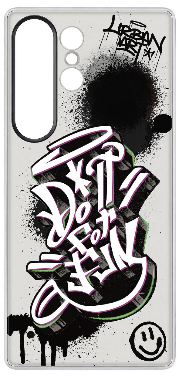 Ozadje mobilnega ovitka v grafitskem slogu z napisom 'Počni za zabavo', nasmejanim smajlijem in črnimi barvnimi madeži.