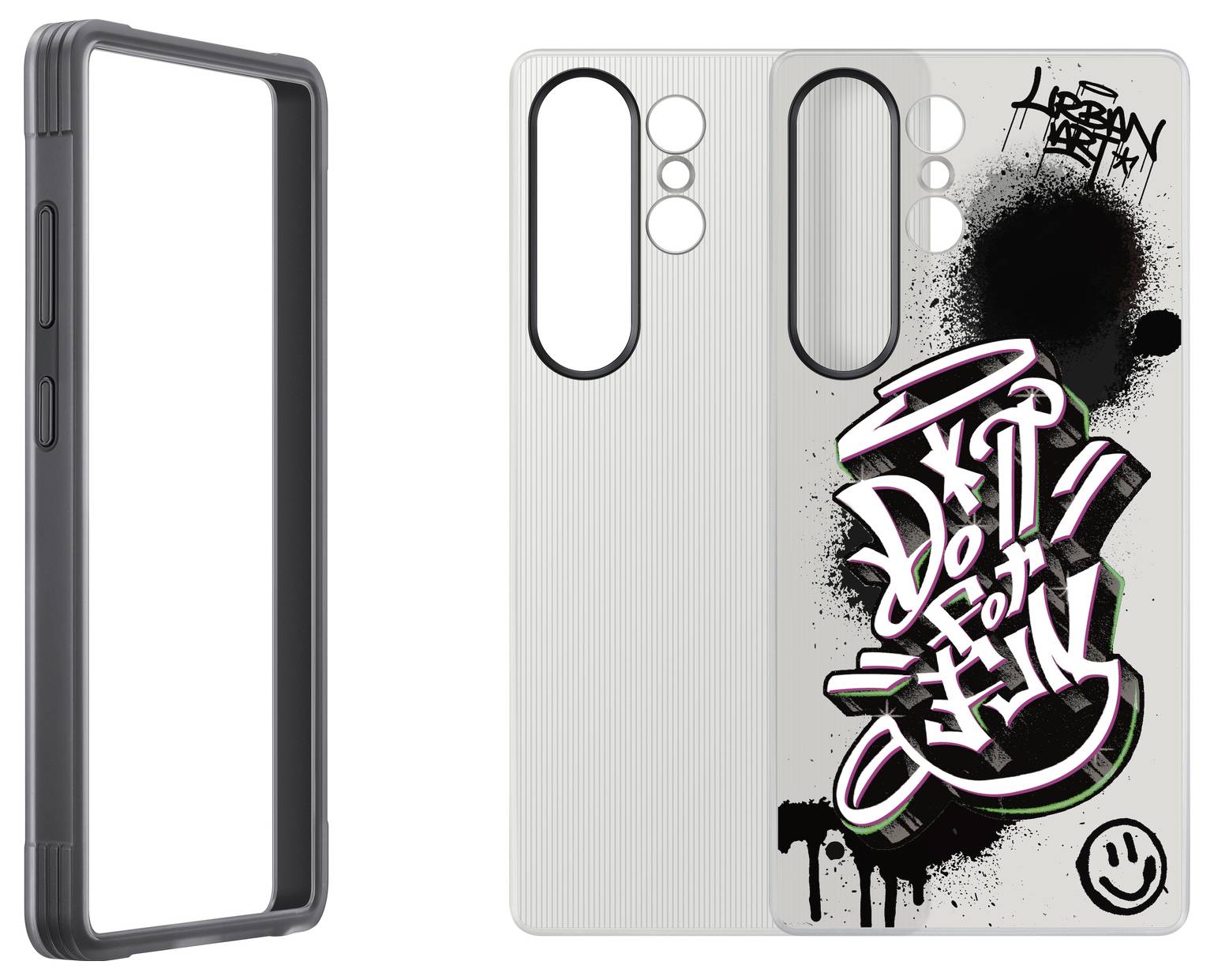 Pametni telefon ovitek z urbanim grafiti dizajnom v črno-beli barvi z barvnimi poudarki, vključno z nasmeškom in napisom 'URBANA UMETNOST'.