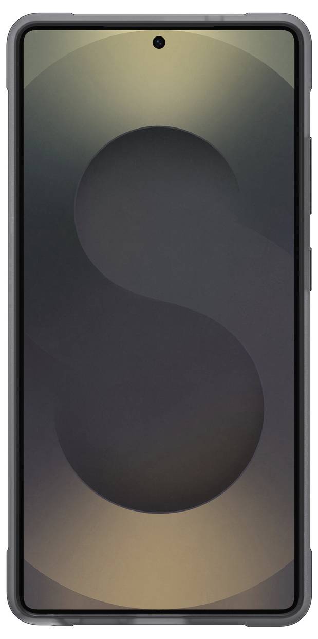 Pametni telefon z skoraj brezrobnim zaslonom, na katerem je prikazano veliko stilizirana črka 'S'. Ohišje je temno sivo.