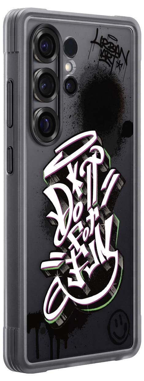 Mobilni ovitek z grafitskim dizajnom: 'Naredi zase' je napisano z belimi, stiliziranimi črkami na črni podlagi.