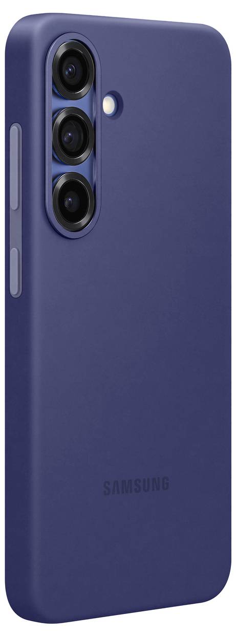 Modro pametni telefon s tremi kamernimi lečami, postavljenimi navpično na zadnji strani, z logotipom Samsung spodaj.