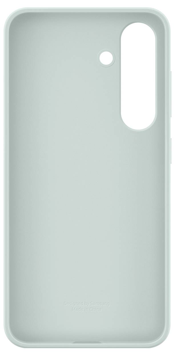 Svetlo pastelno zeleno ohišje za pametni telefon z ovalnimi izrezi za kamero in bliskavico; preprosto, minimalistično oblikovanje.