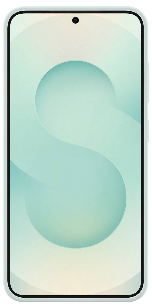Pametni telefon z zaslonom v velikosti celega zaslona in krožno odprtino za kamero na sredini zgoraj, svetlomodrim ozadjem z valovitim vzorcem.