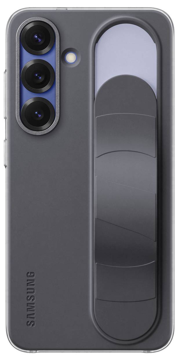 Siv pametni telefon s tremi objektivi fotoaparata in integriranim ročajem na zadnji strani. Večji predel leč na levi strani, brez blagovne znamke.