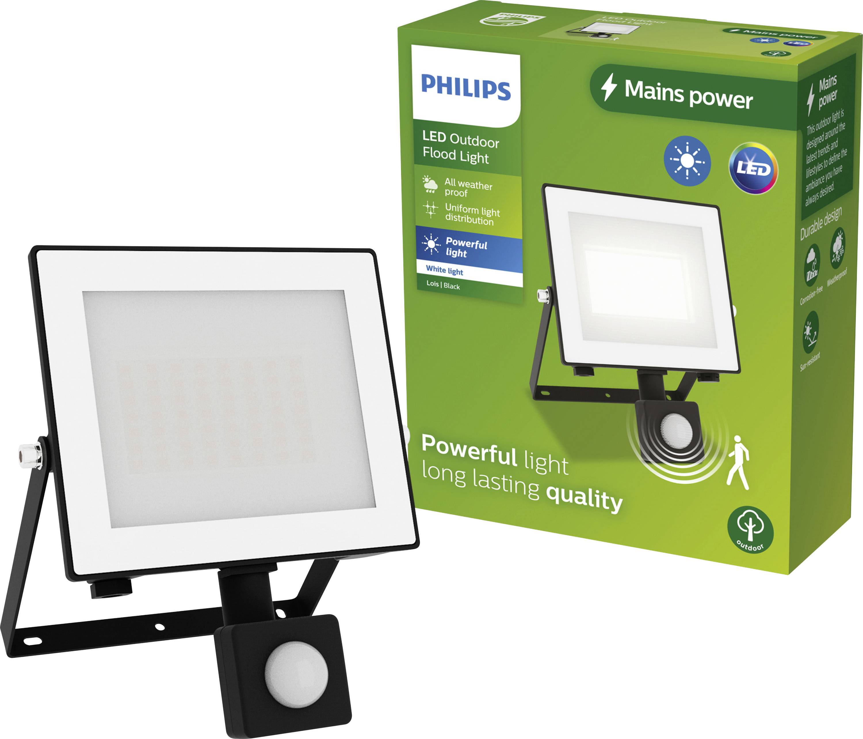 LED-reflektor za zunanjo razsvetljavo podjetja Philips. Embalaža prikazuje izdelek in poudarja njegove lastnosti: odporen na vremenske vplive, močna svetloba, dolga življenjska doba.