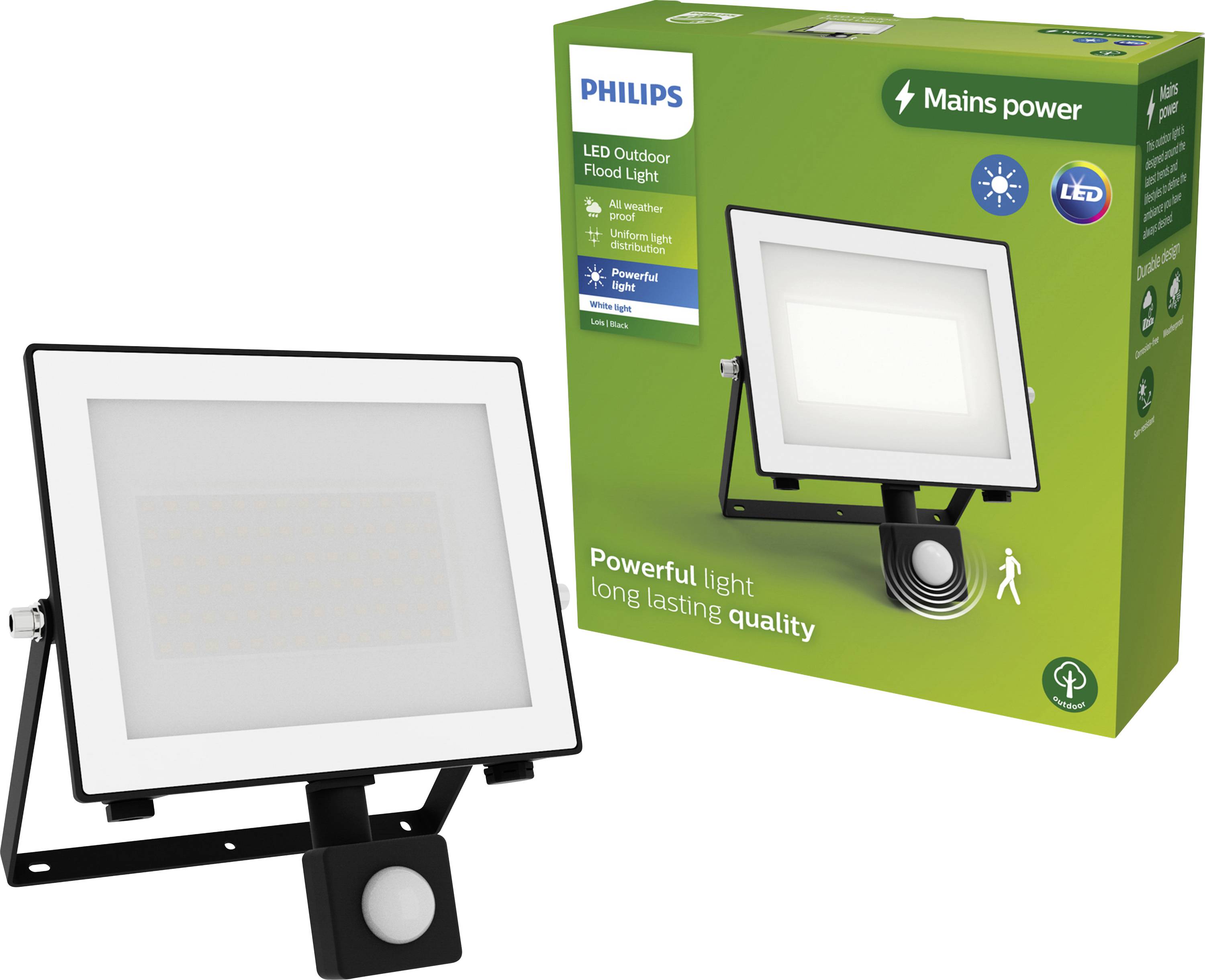 LED zunanji reflektor znamke Philips ob produktni embalaži. Besedilo na embalaži: 'Močna svetloba, dolgotrajna kakovost'.