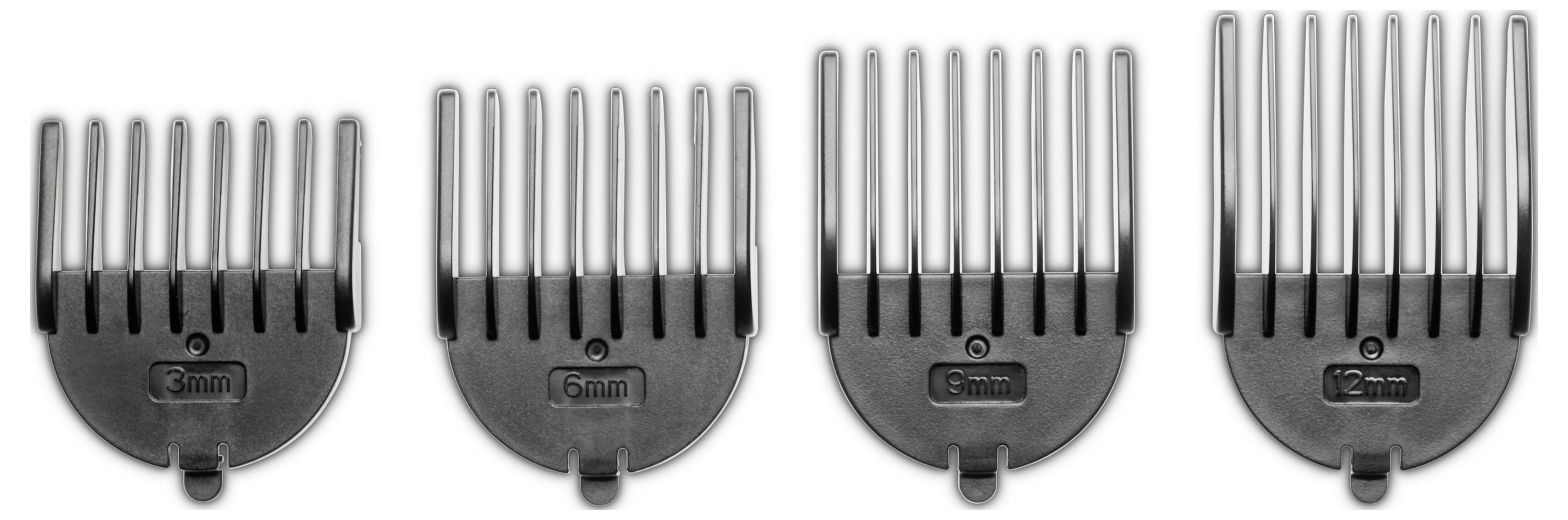 Štiri črne nastavke za striženje las različnih dolžin: 3 mm, 6 mm, 9 mm in 12 mm. Idealni za natančno uravnavanje dolžine las.