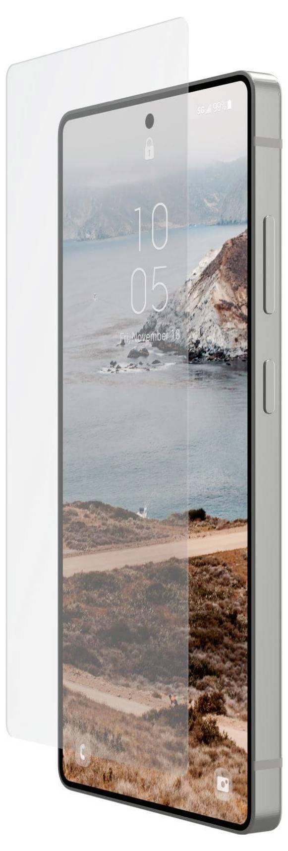 Pametni telefon s pokrajino na zaslonu, pred katerim je prozorno zaščitno steklo.