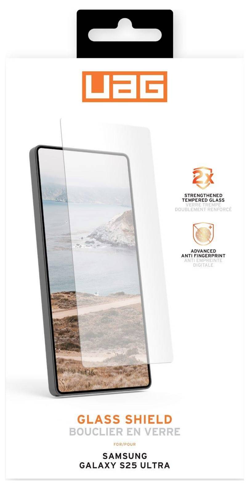 Embalaža zaščitne folije za zaslon 'Samsung Galaxy S25 Ultra' znamke UAG. Prikazuje pametni telefon z zaščitnim steklom čez zaslon.