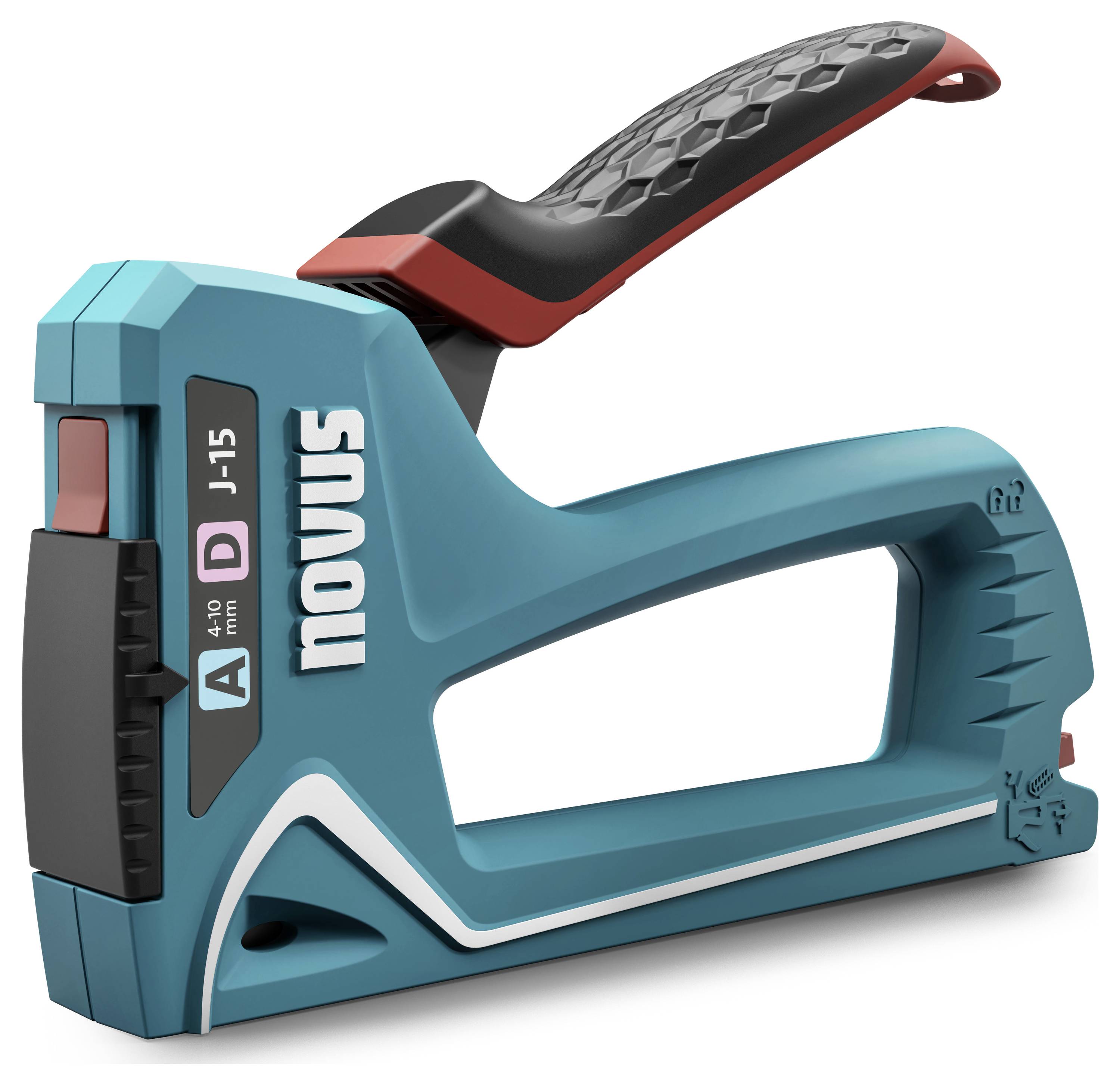 Modra-črn ročni spenjalnik znamke Novus, model J-15, primeren za sponke velikosti A.