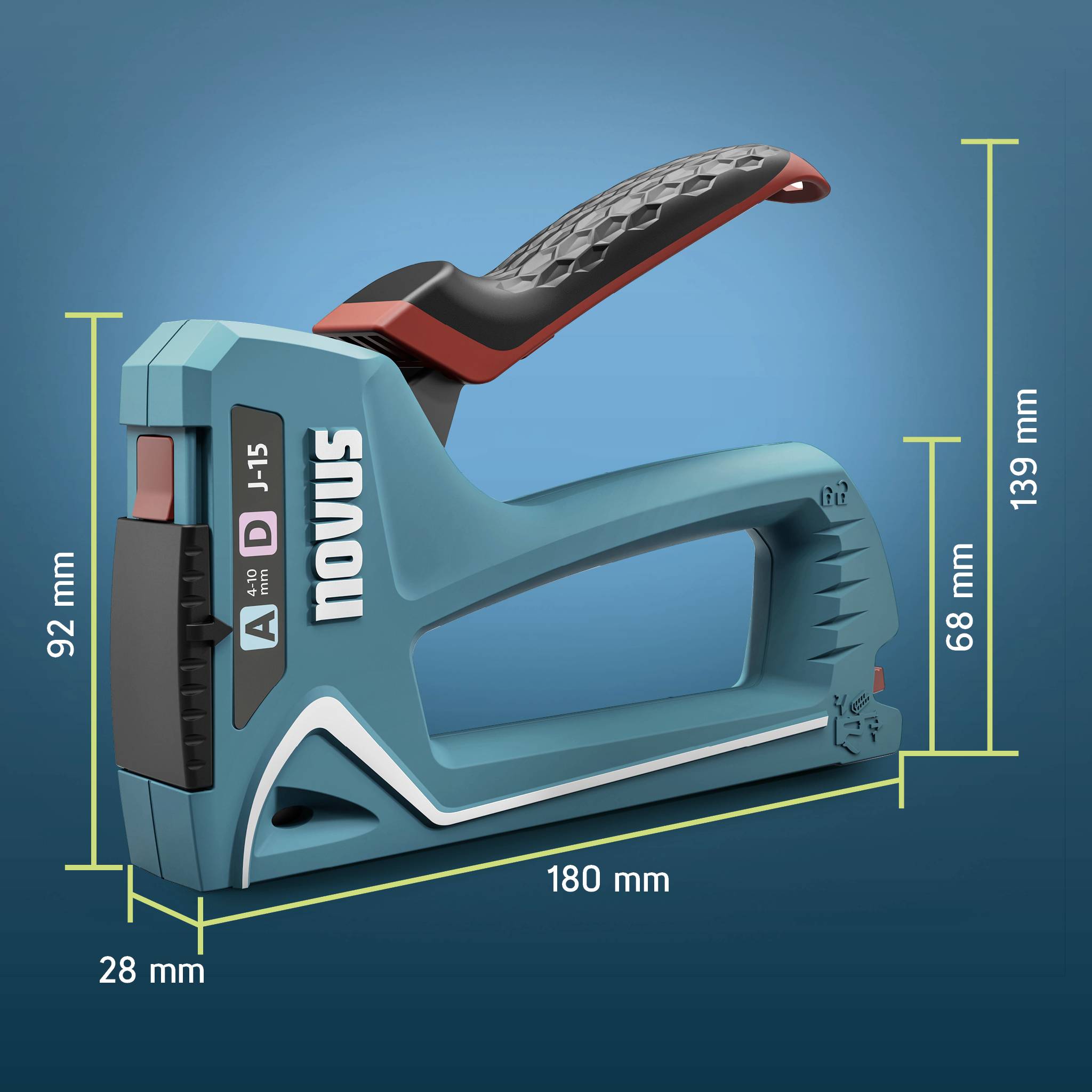 Sponka Novus J-15 je prikazana s stranske perspektive. Dimenzije so: 180 mm dolžina, 92 mm višina, 68 mm dolžina ročaja, 139 mm razpon in 28 mm širina.