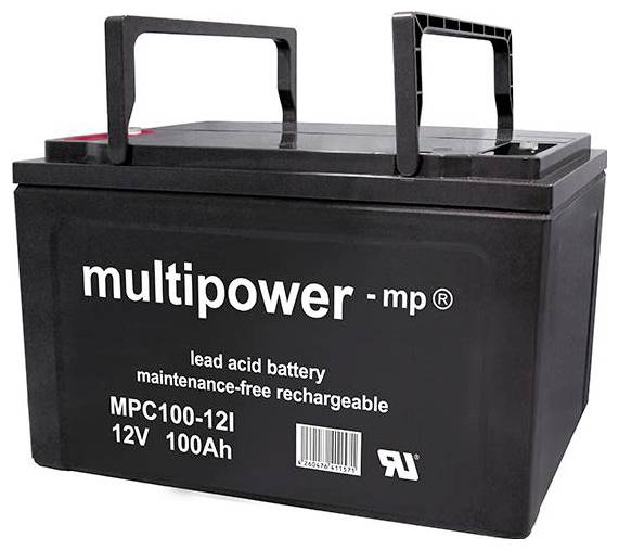 Črna svinčeno-kisinska baterija znamke 'multipower', model MPC100-12I, 12V, 100Ah, vzdrževanju nepotrebna, z dvema ročajema zgoraj.